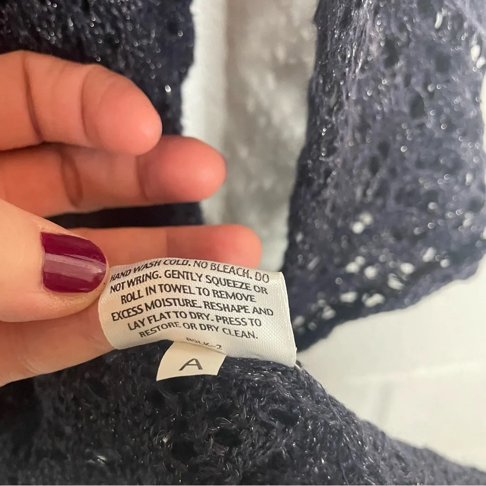 Eileen Fisher Open Front Crochet Cardigan‎ Linen Blend Blue Metallic Bohemian M - Picture 12 of 14